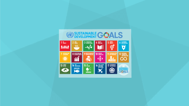 Icons der 17 Ziele für nachhaltige Entwicklung auf bunten Kacheln